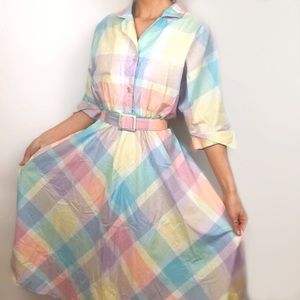 70s retro · rainbow pastels A-line midi dress